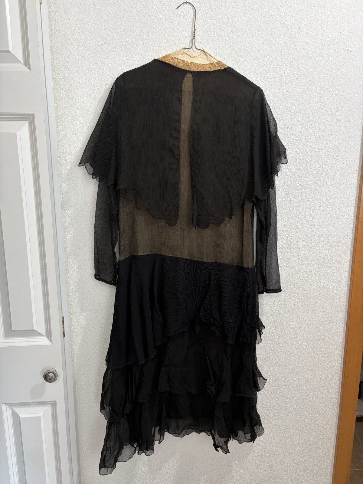 Black Ivory Lace Silk Mesh Sheer Beaded Late 1920s Flapper Dress Antique FLAWS