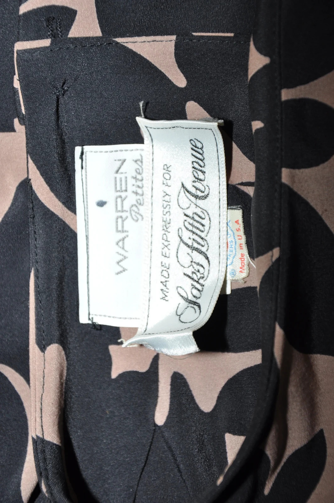 80s Vintage Black Beige Floral Print Back Buttons Draped Midi Dress Women S M