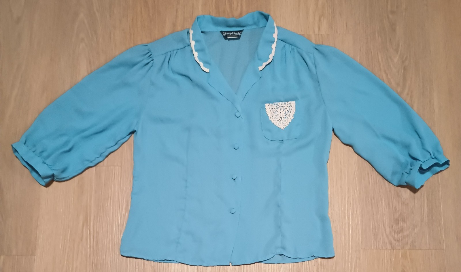 Vtg 70s Semi Sheer Baby Blue MOD Crochet Trim Career Office Blouse Top M