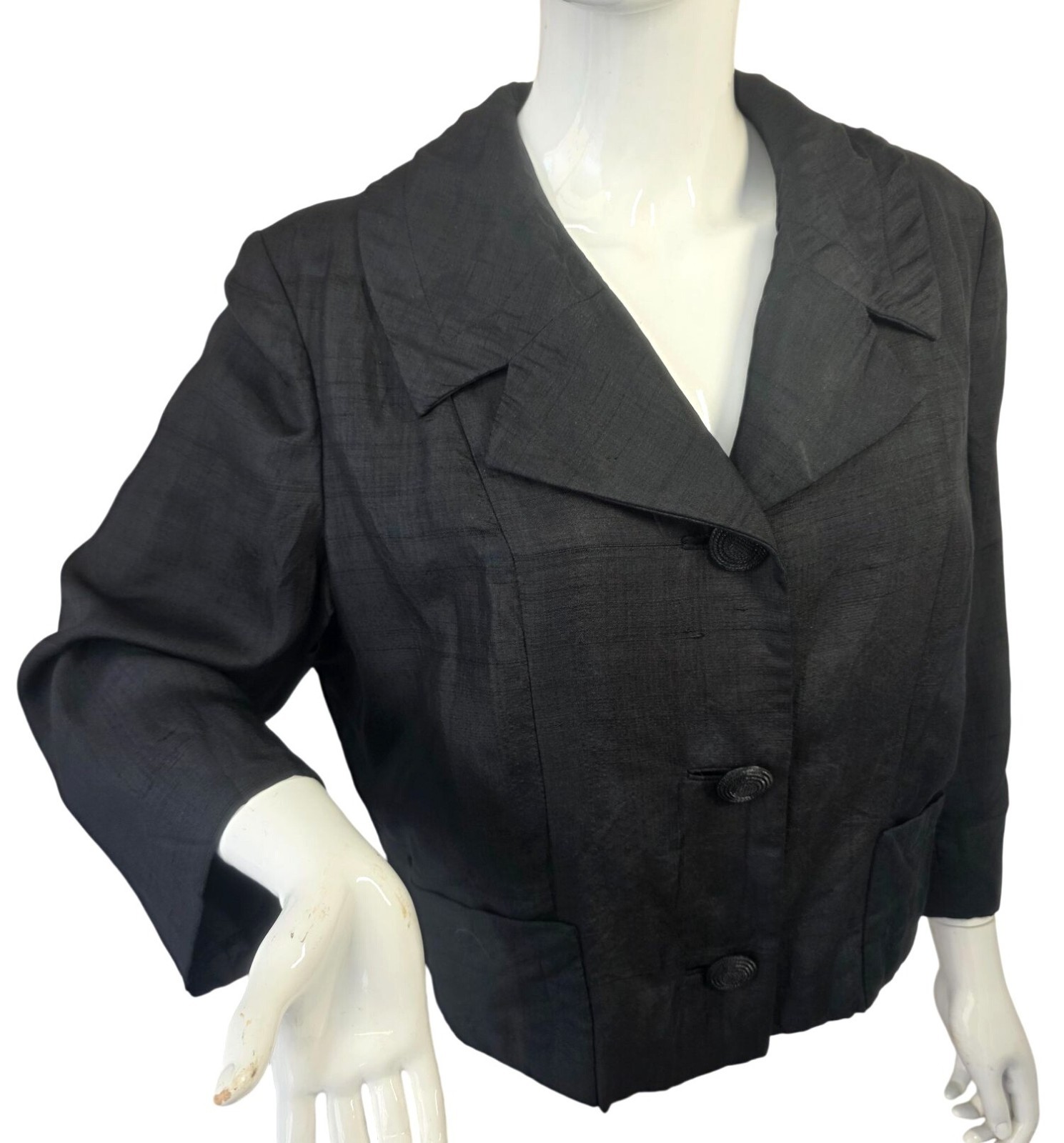 Vintage 1950s Bullocks Los Angeles Black Silk Shantung Cropped Jacket Women Sz M