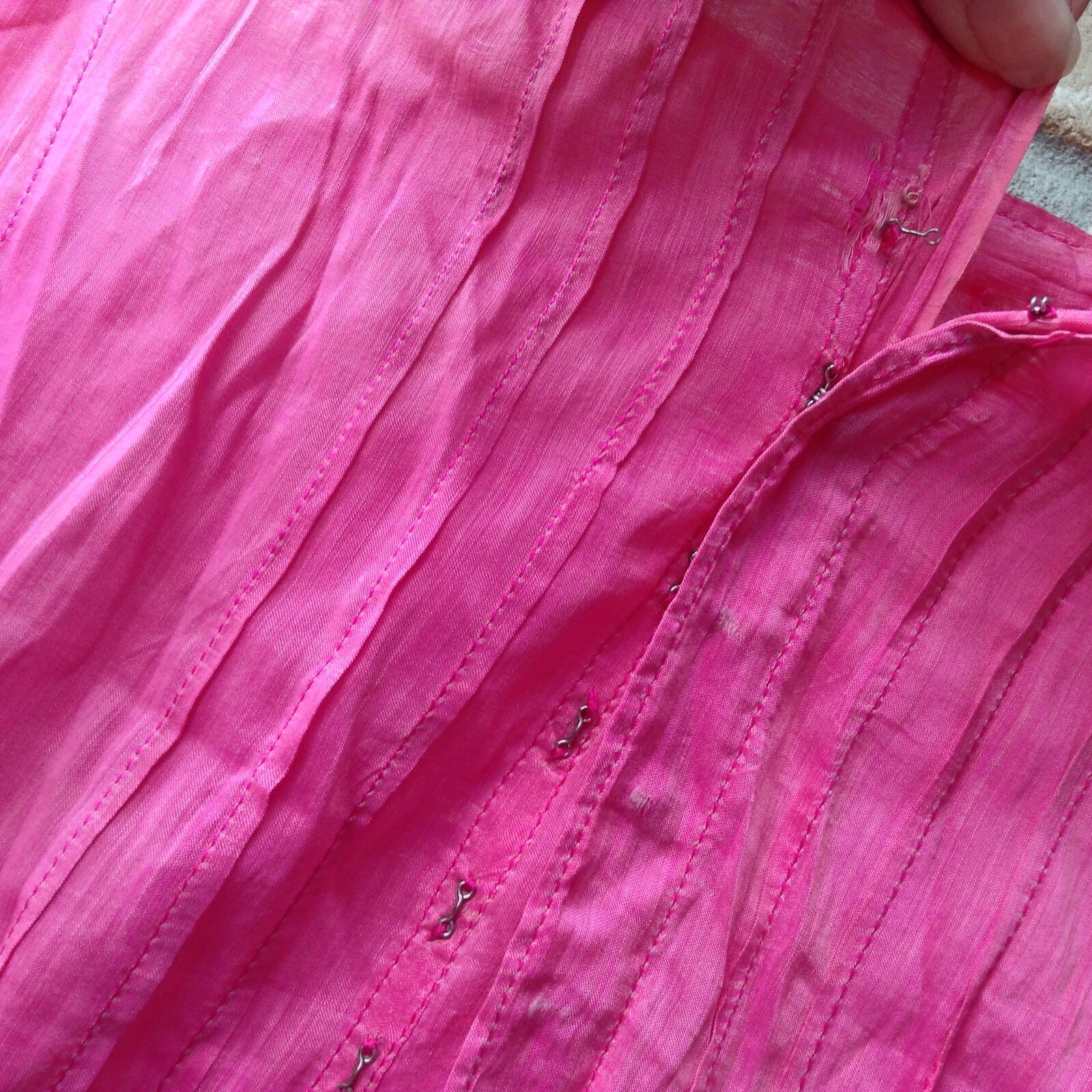 VTG 20s/ 30s? Bright Pink Long Dress Hand Dyed Sz XS? 24″ W DAMAGED HOLES AS-IS