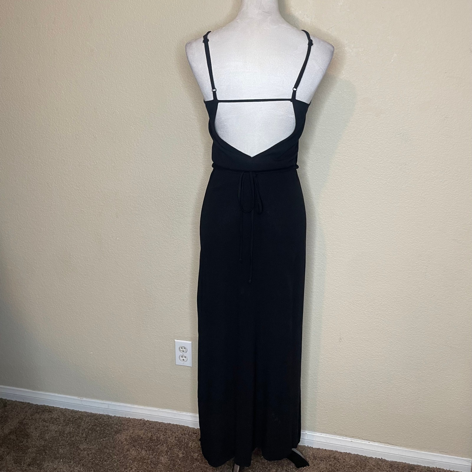 Vintage Wet Seal Black Open Back Double Slit Maxi Dress XS 90s Whimsigoth Y2K