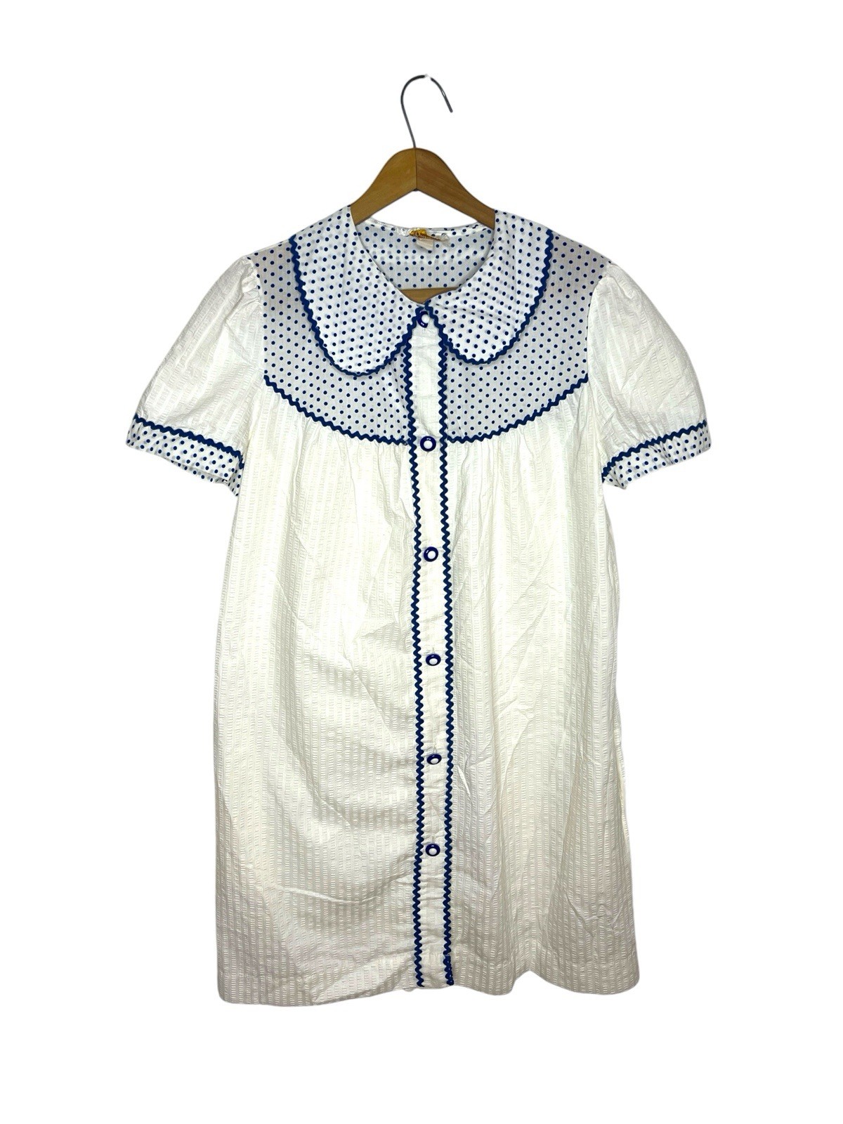 Vintage Nightgown House Dress White Blue Polka Dot Rick Rack Peter Pan Collar