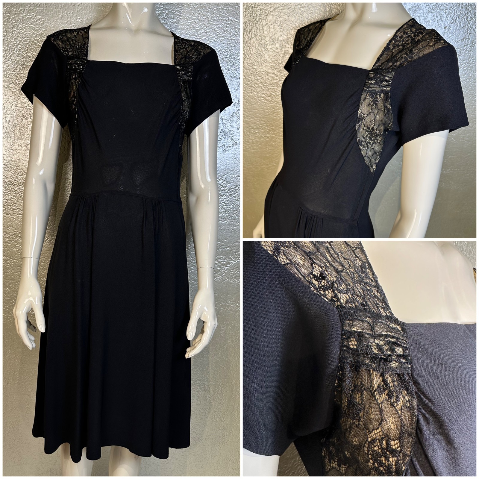 Vintage 1940s Ladies Handmade Black Rayon Dress w/ Silk Lace Shoulder Yoke XS