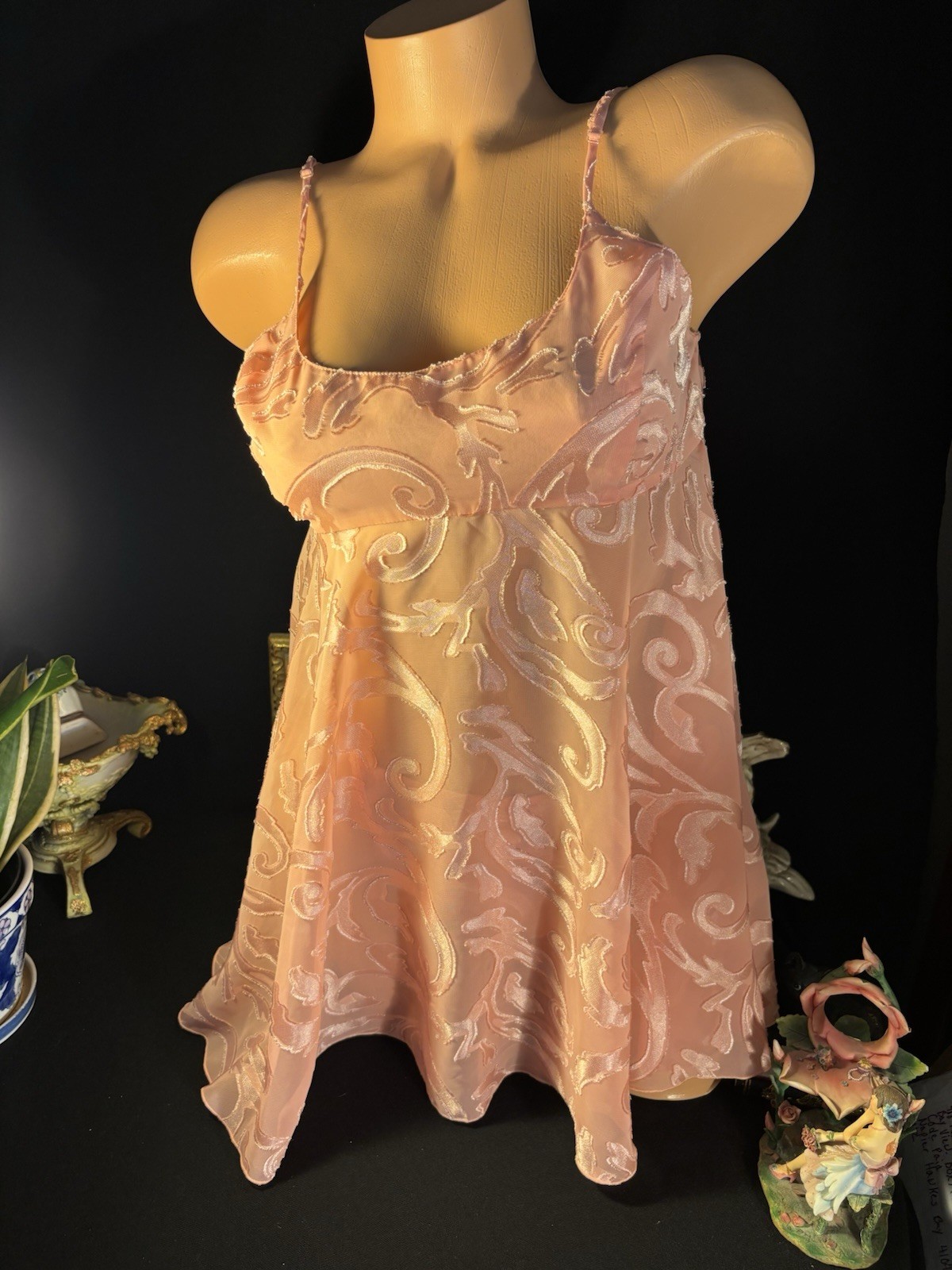 Vtg Satin Soft Burnout Nightie Thong Panties VS Babydoll Damask Sheer Gown Set S