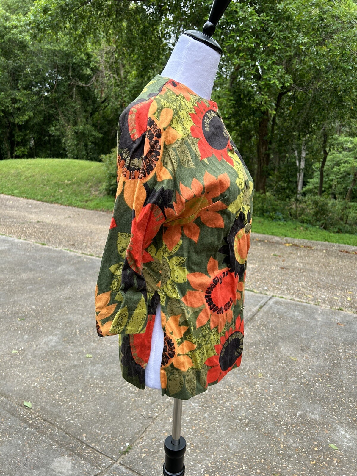 Vtg 60s Mod Floral Blouse Shirt Jacket 3/4 sleeve Sunflowers Abstract Art Boho