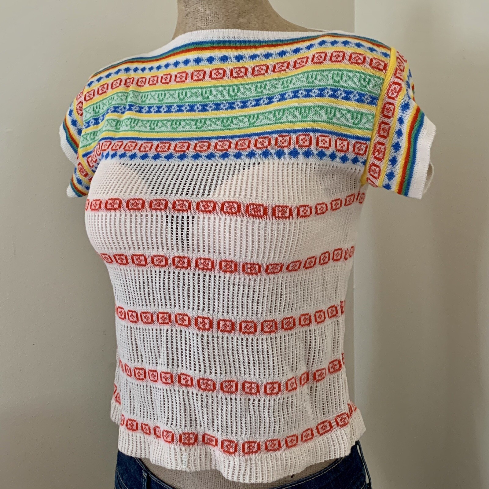 Vintage Retro Boho Colorful Short Sleeve Knit Top Size Small by Kenneth Too