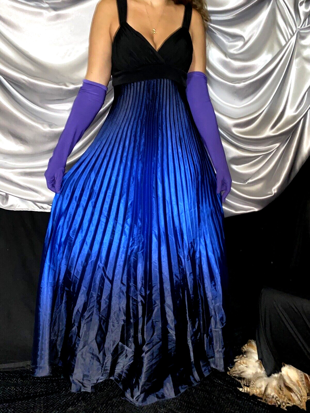 VTG SATIN BLUE OMBRE SHINY CRYSTAL ACCORDIAN PLEAT MAXI FORMAL DRESS 12 FERNELL