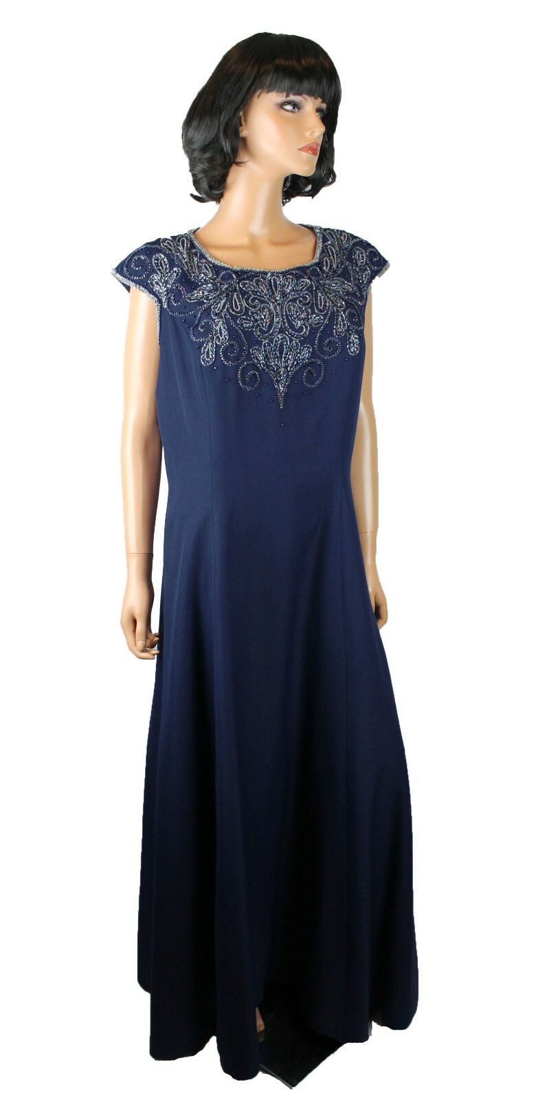 Vintage Evening Gown Sz 20 XL XXL 90s Navy Blue Extra Long Beaded Cocktail Dress