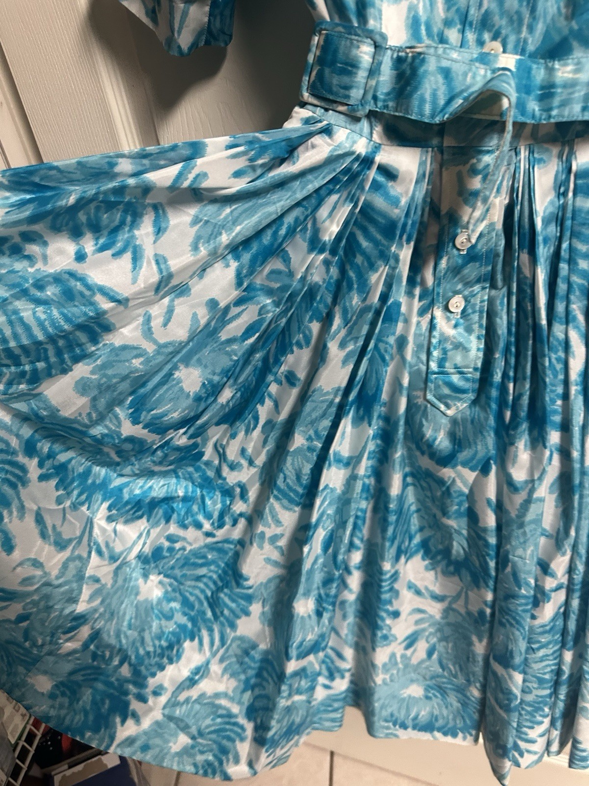 VNT 50s Martha Clyde Watercolor Floral Pleated Housewife Belted Blue White Dress