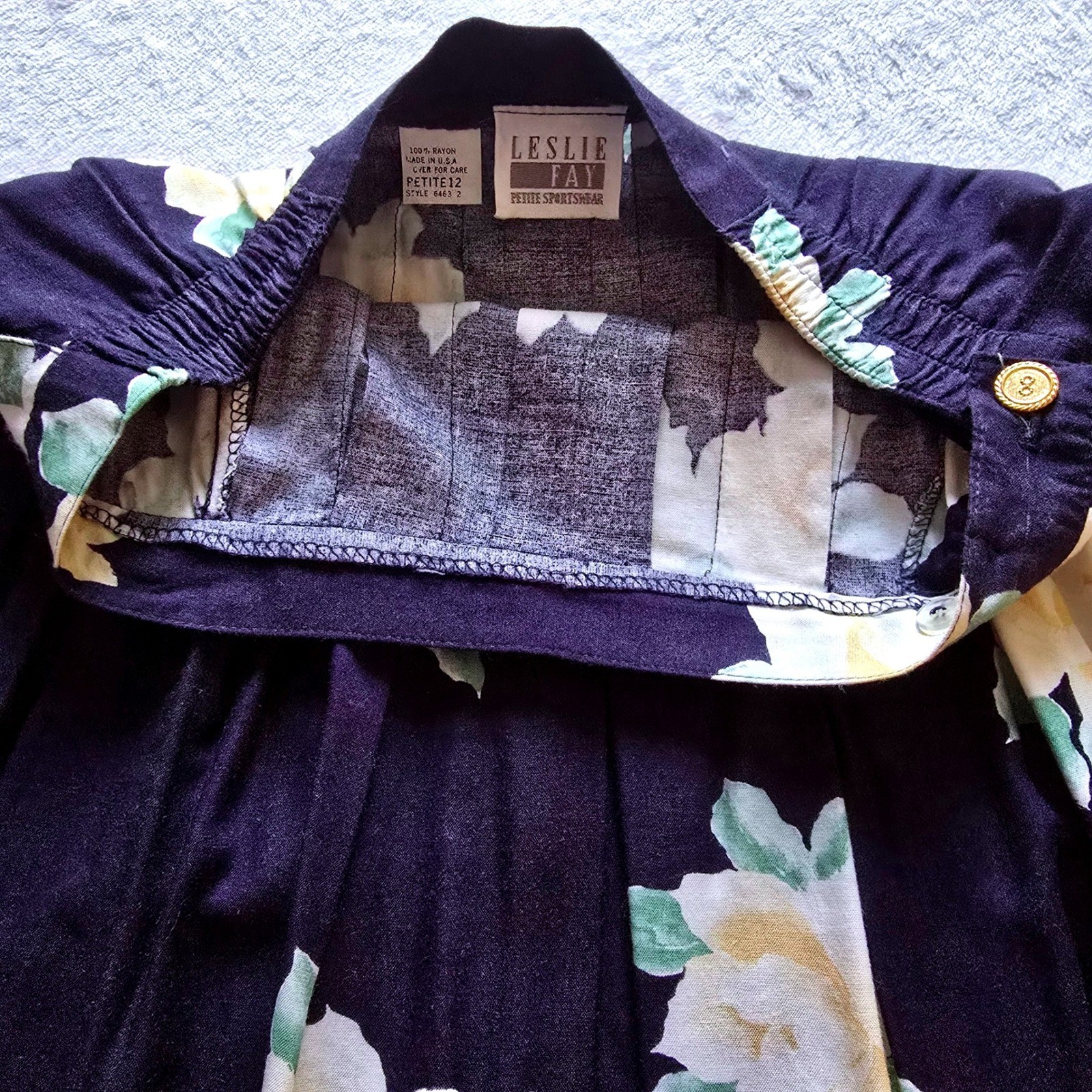 Vintage Leslie Fay Floral Midi Skirt Navy Blue Yellow Rayon Petite 12 USA Made