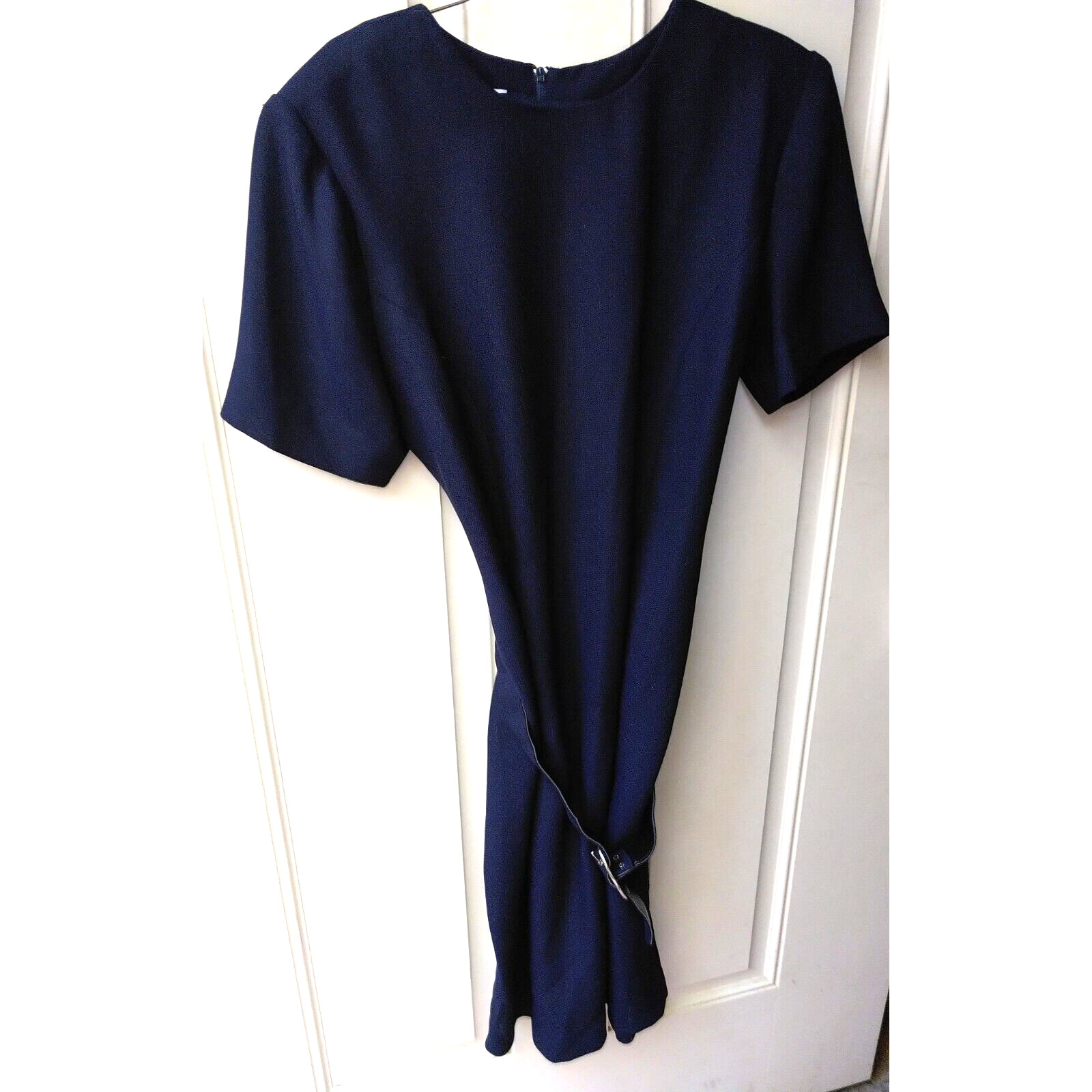 Vintage Leslie Fay Dress Petite 8P Solid Navy Blue Belted 1980s Shoulder Pads