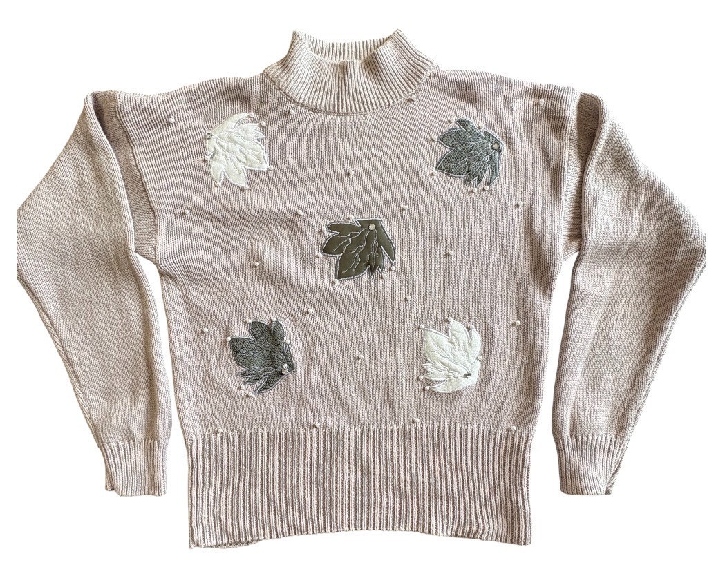 VTG 80’s Croquet Club Mock Neck Sweater Leaf Applique Faux Pearl Grandmacore M