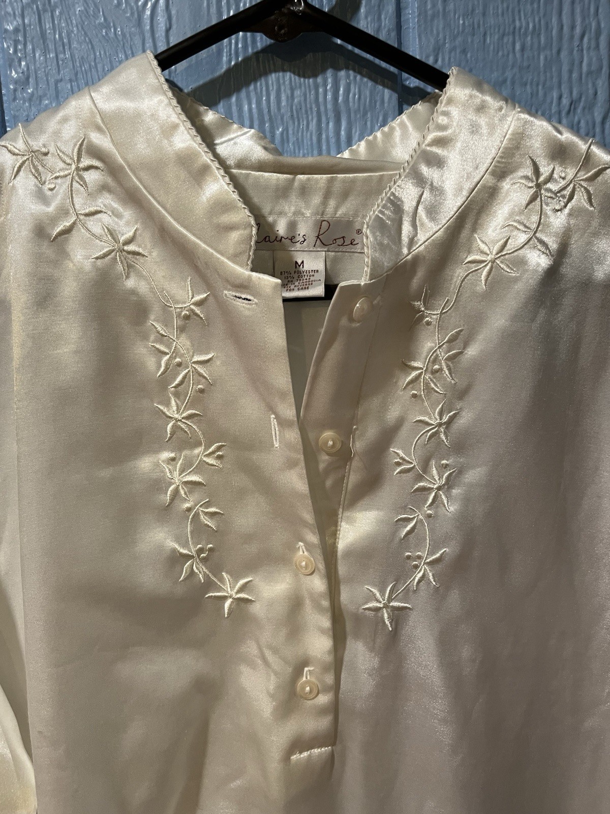 Vtg Claire’s Rose Poly Satin Maxi Long White Night Gown Robe Embroidery Sz Med