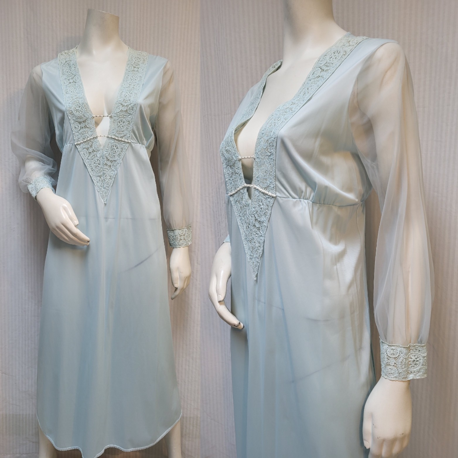 Vintage Blue Nylon Deep V Lace Trim Chiffon Sleeves Nightgown – Size 36