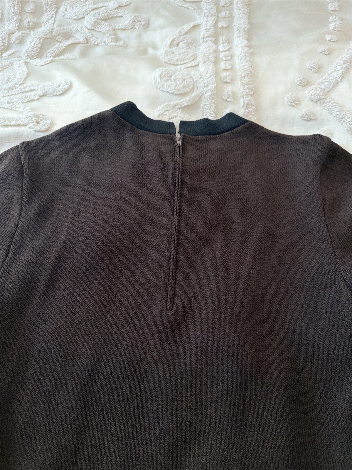 VTG St John Santana Knit Top Mock Neck Pullover LARGE Short Sleeve Brown Black