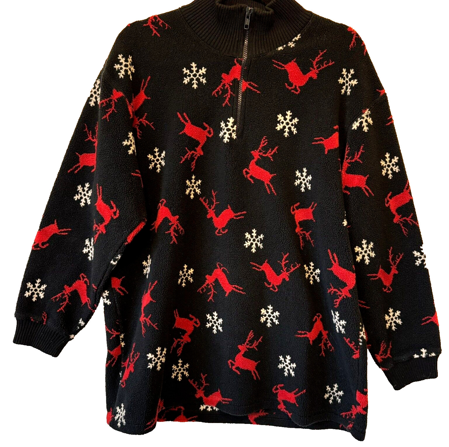 Talbots Fleece Top Medium 1/4 Zip Snowflakes Reindeer Warm Cozy Soft
