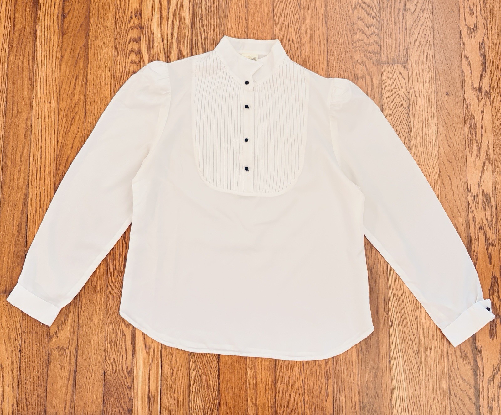 Vtg City Girl Tuxedo Top SZ M Off White Pleats Bib Puff Sleeve Prairie High Neck