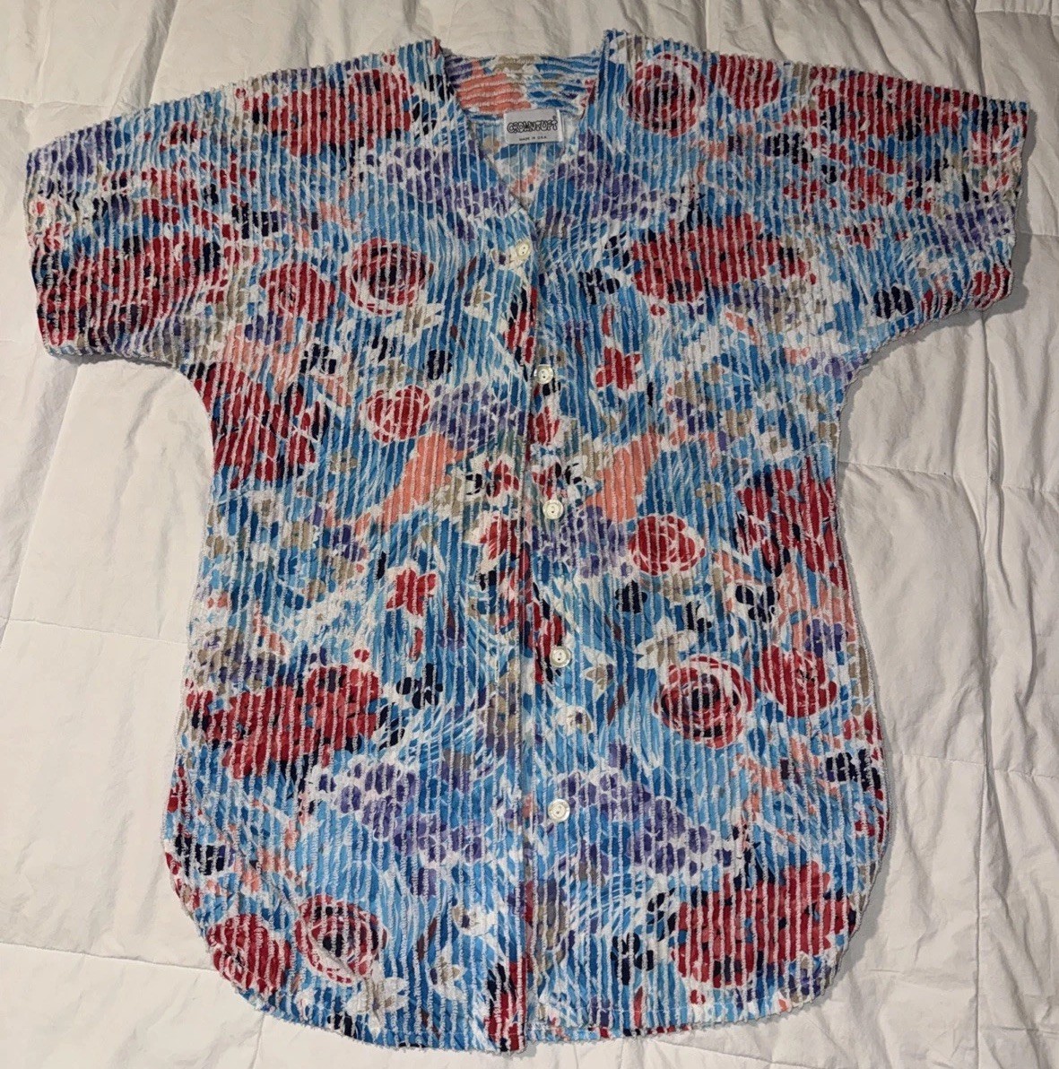 Crowntuft Vintage 1960s Floral Chenille Robe Short Sleeve Button Front Sz Small