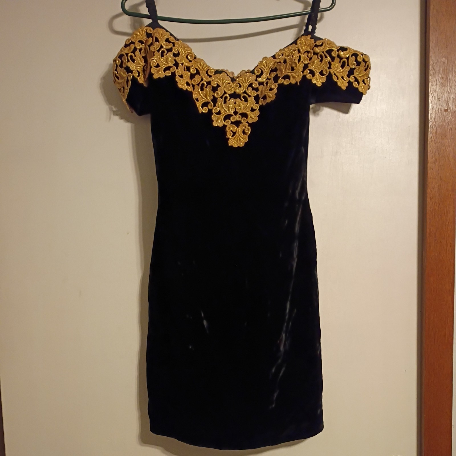 Vintage 90s Night Way Black Velvet Gold Trim Circle Style Prom Dress, SZ 7/8
