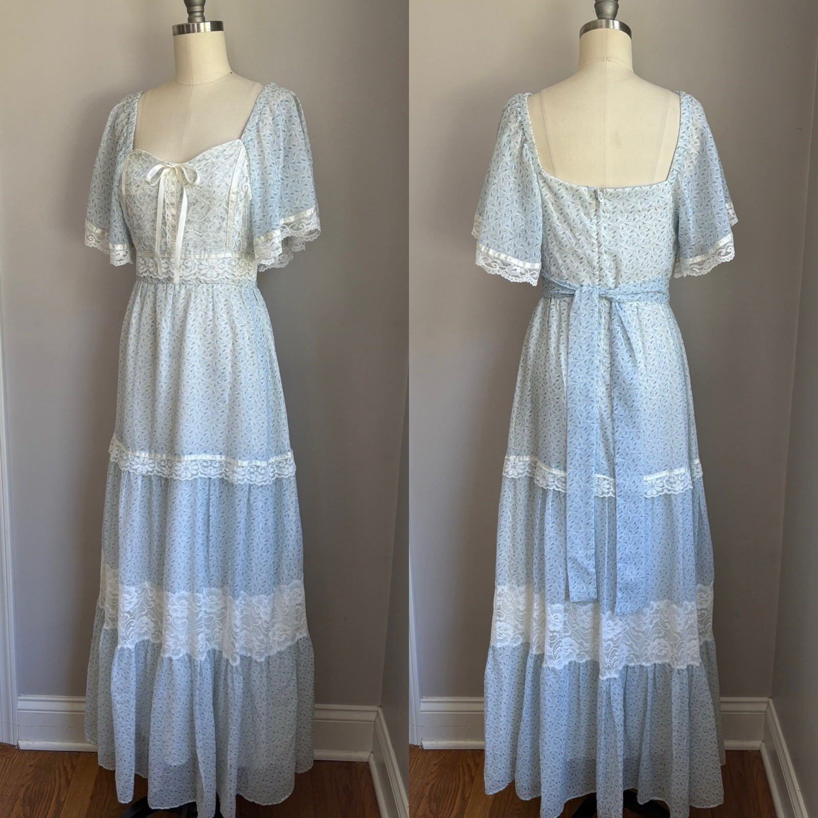 Vintage 1970’s Baby Blue Floral & Lace Cottagecore Prairie Maxi Dress XS