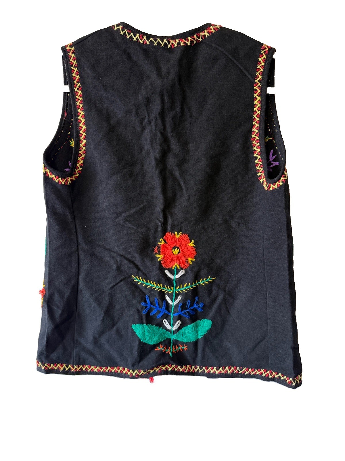 Vtg Embroidered Black Wool Folk Art Vest Boho Floral Traditional Hungarian Style