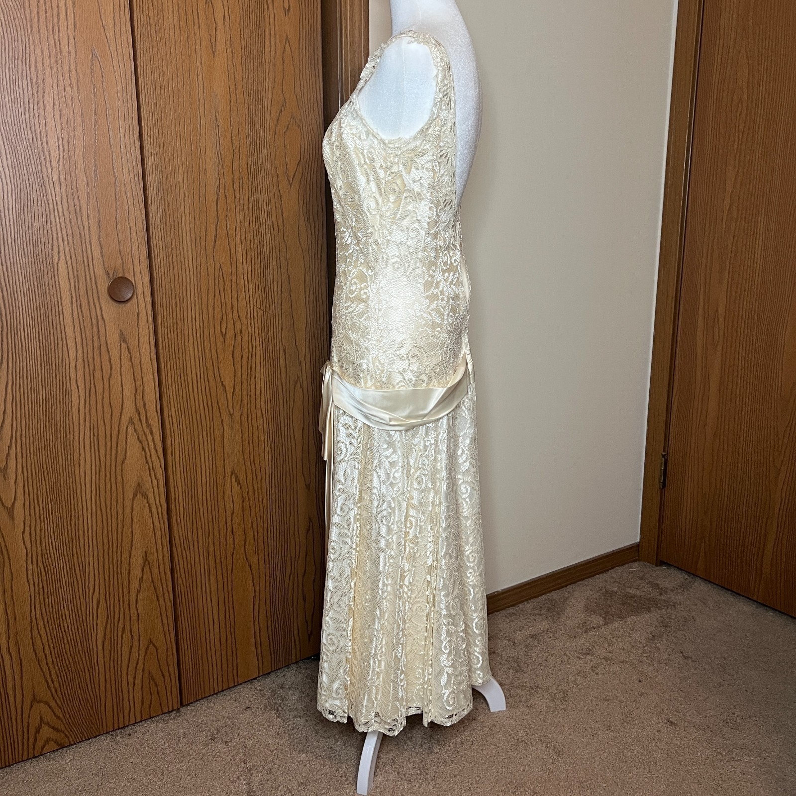 Vtg 70s Maxi Dress Champagne Gold Lace Drop Waist Formal Bridal Regency Royal