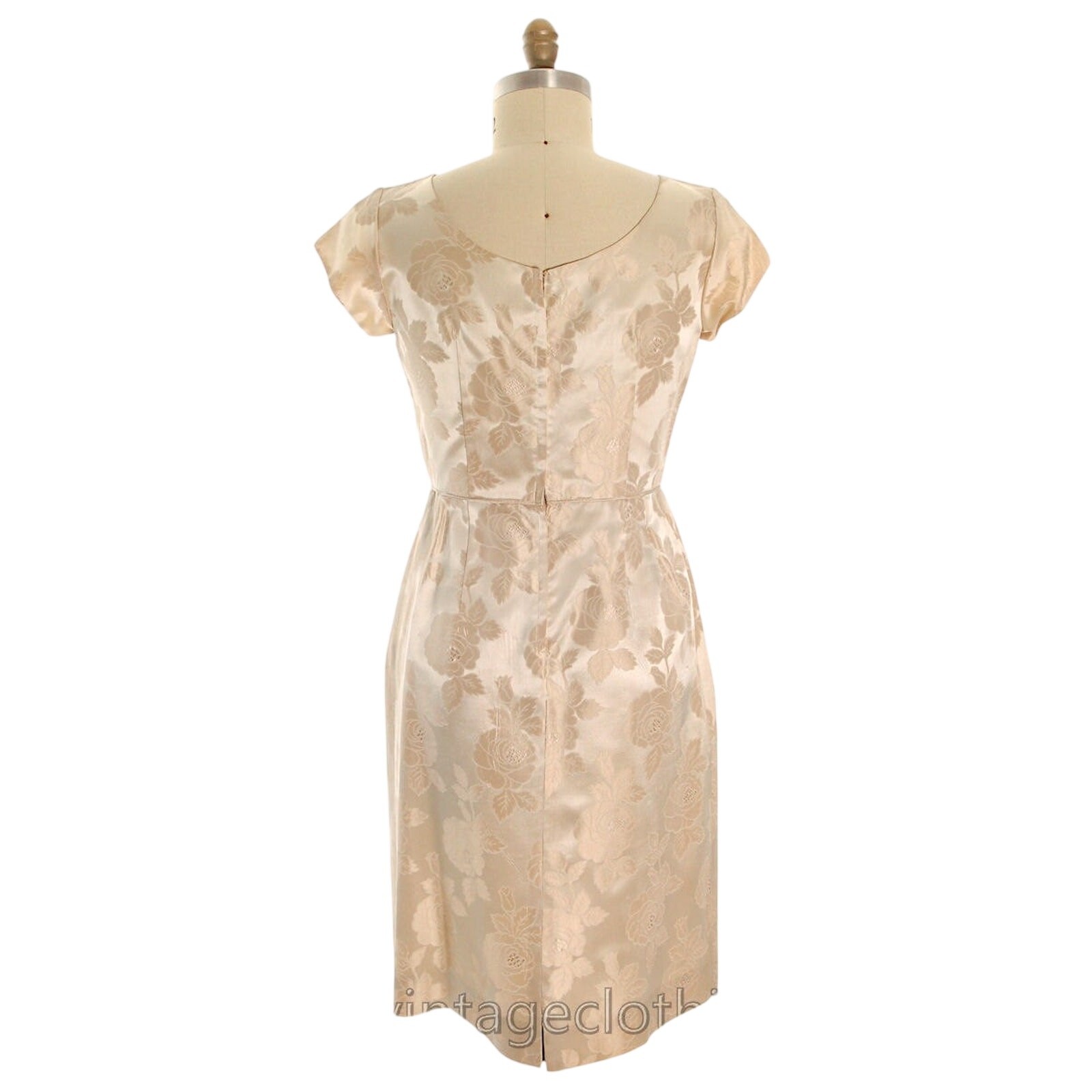 VTG 1950s Beige Damask Bombshell Cocktail Dress Glitter Bodice VLV Hourglass