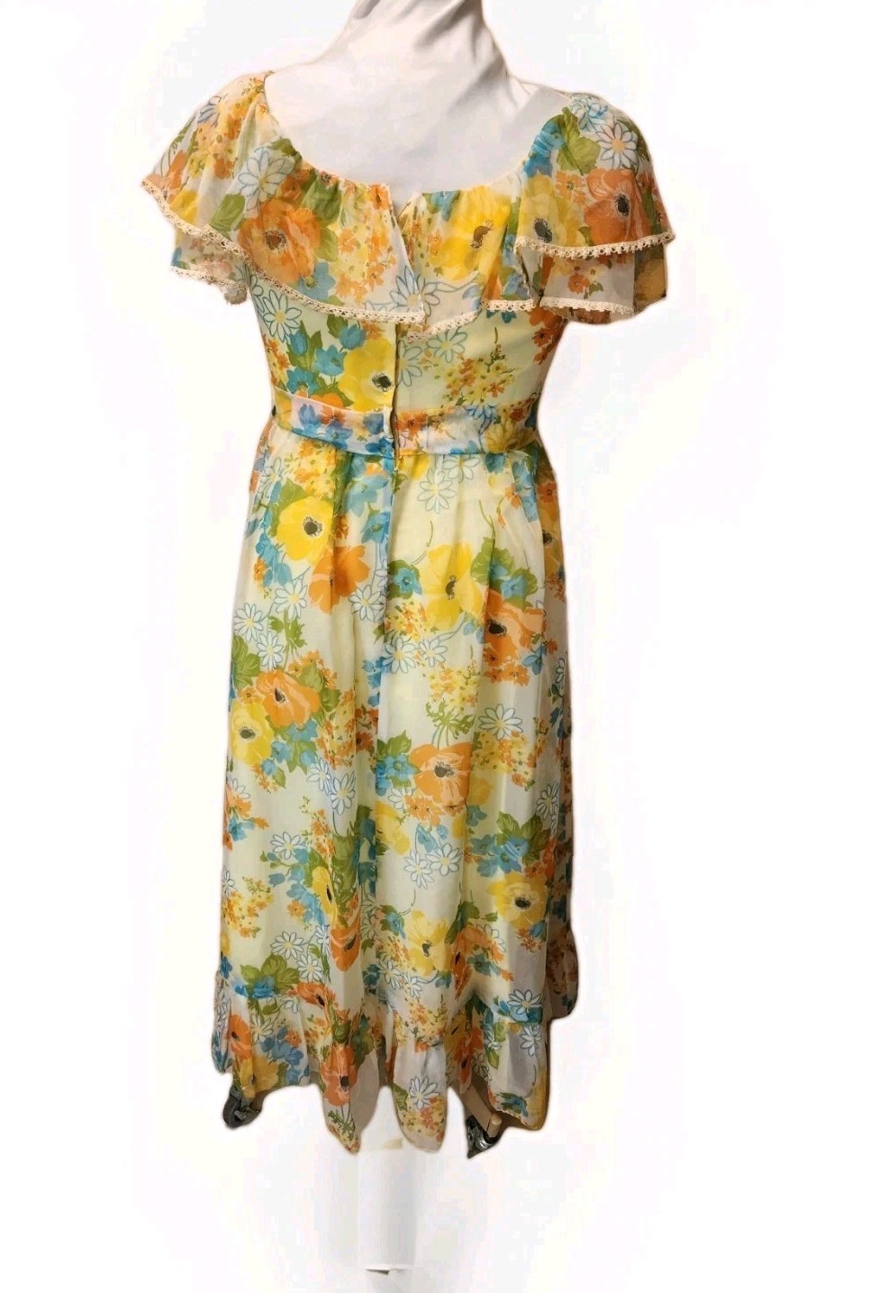 Vtg Wm’s 70s Yellow Floral Maxi Dress*Sheer Flutter Sleeve*Lg-photo Measurements