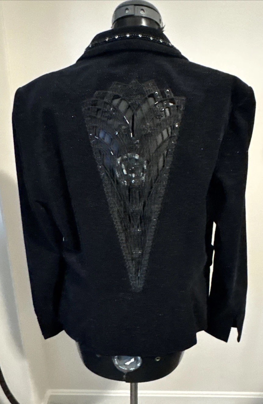 VTG Bisou Bisou Western Black Glittery Jacket Blazer Embellished Back Cut Out L