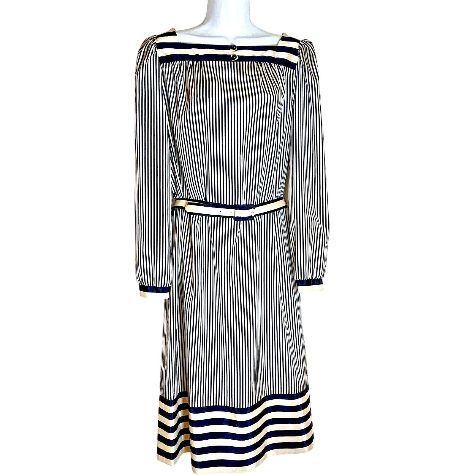 Nardis of Dallas Vintage Womens 12 Navy/Cream Striped Long Sleeve Belted Dress