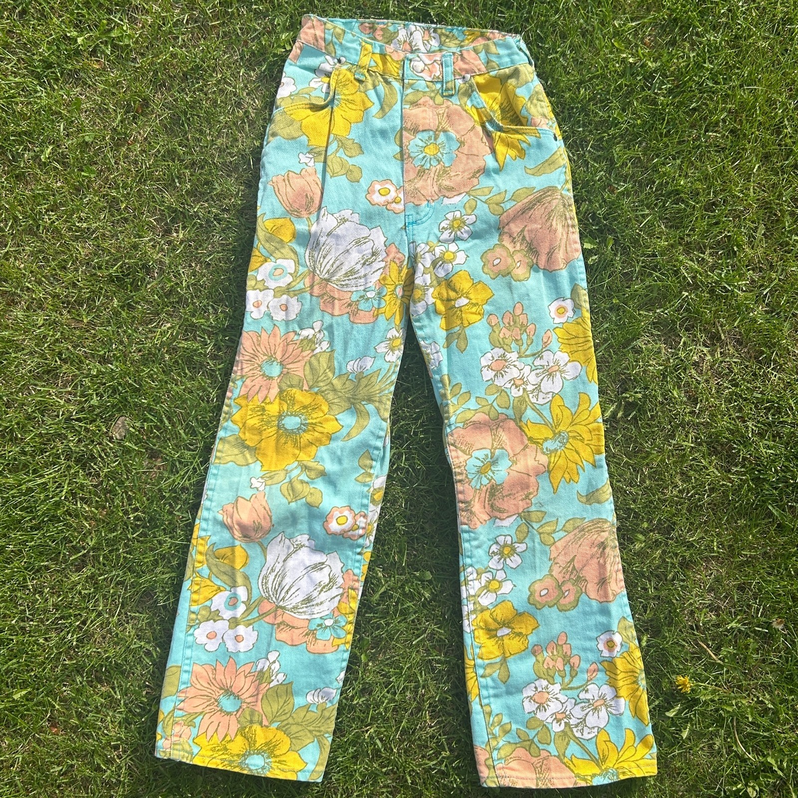 Maverick Groovy Vintage 1970 1960s Straights Pants Jeans Floral Sz 12 Girls Bell
