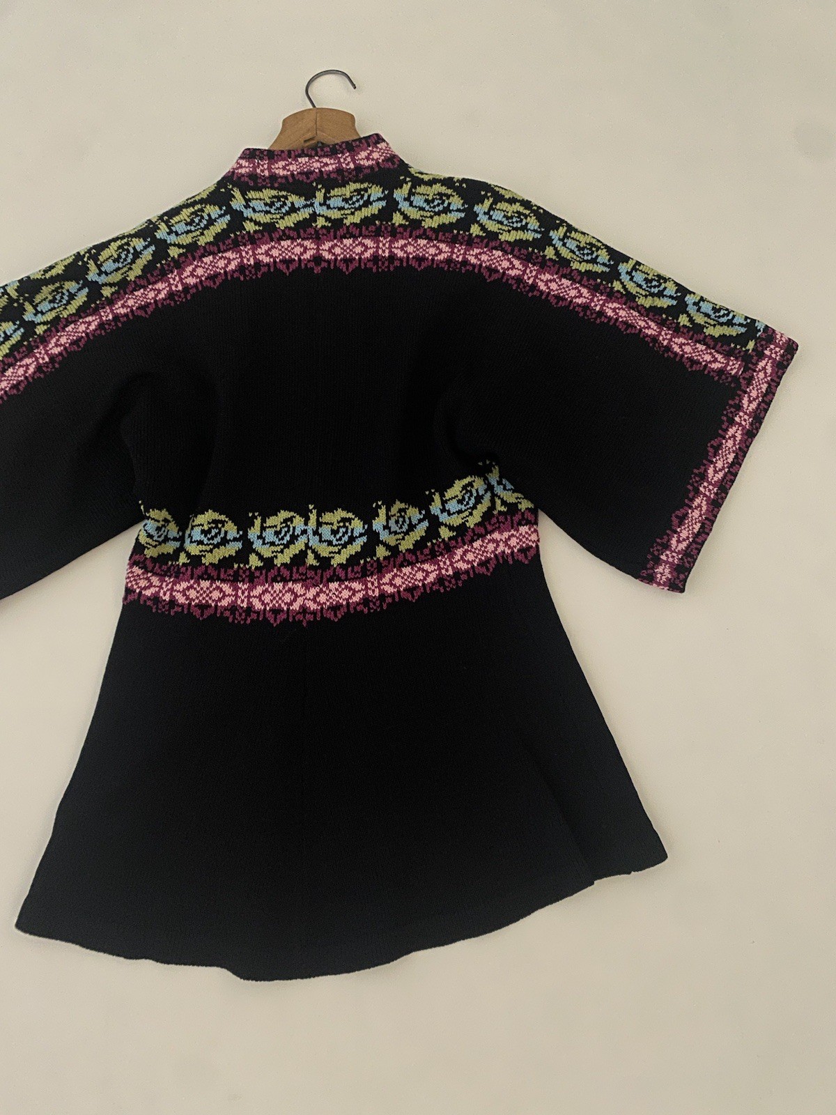Vintage 70s Miss Joann California Black Kimono Crochet Open Cardigan Multicolor