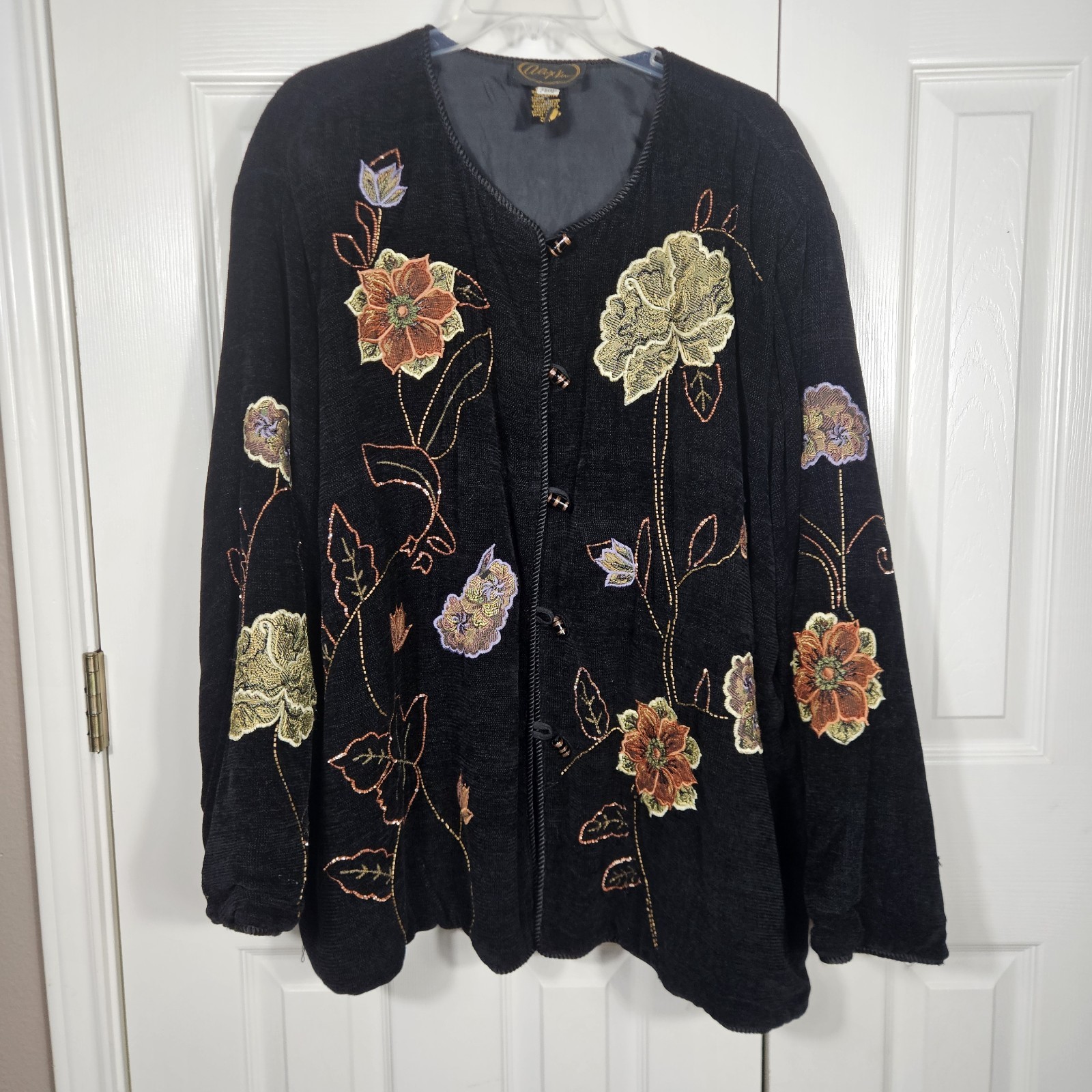 Whimsigoth Art To Wear Black Floral Patchwork Jacket 3X Vtg 90s Tapestry Blazer