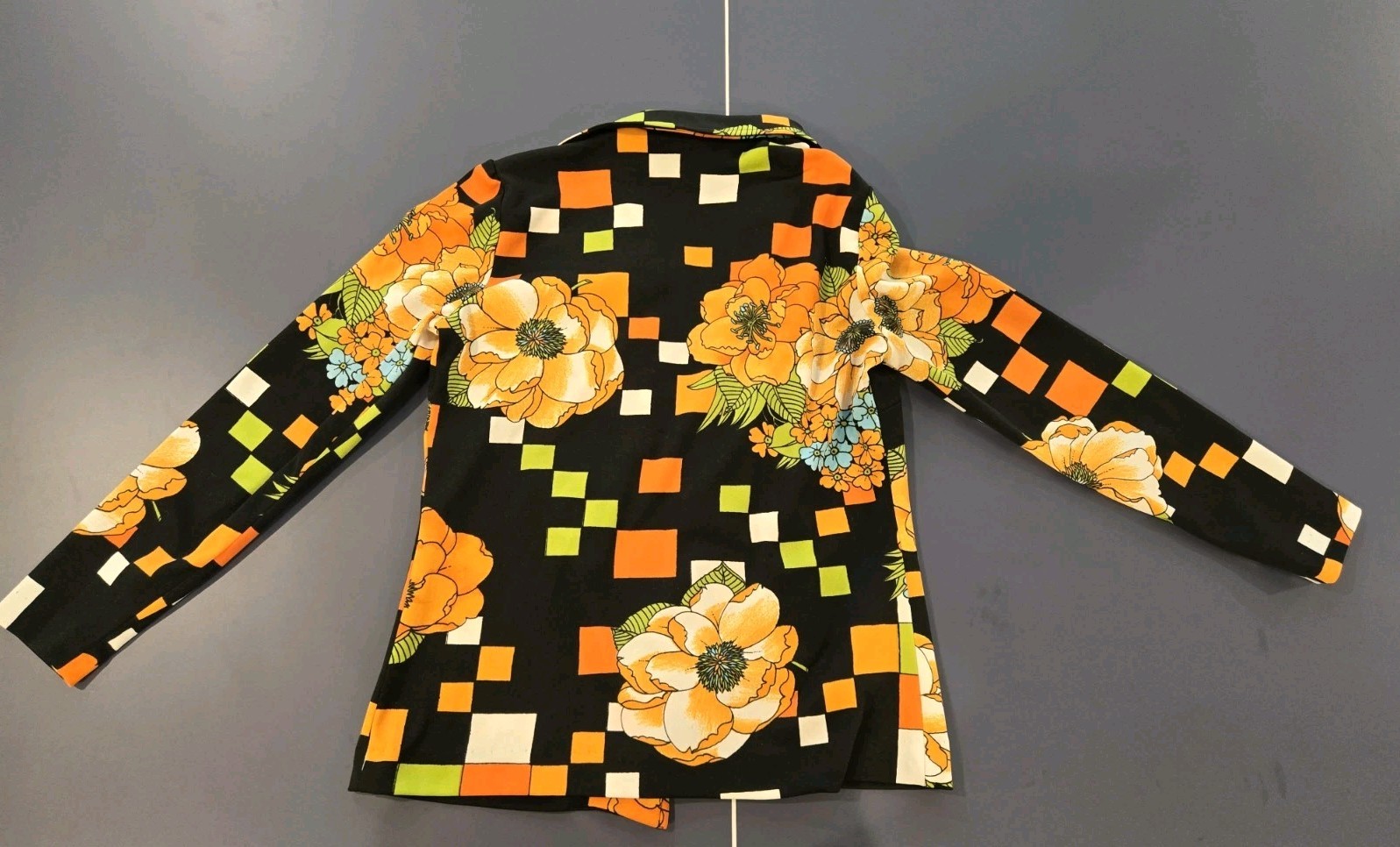 1970s Vintage Dagger Collar Blazer Blouse Orange Green Black White Disco Shirt