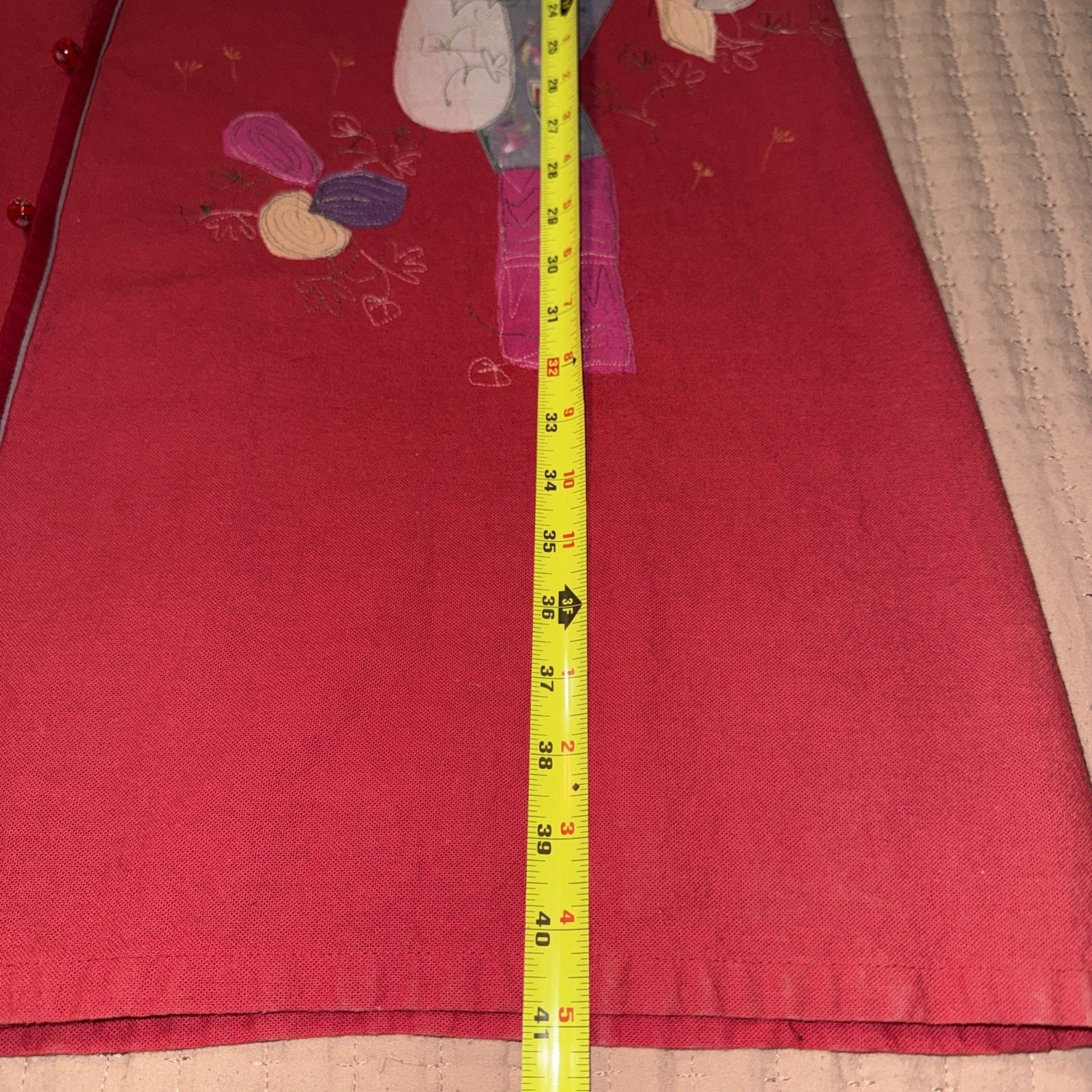 Artisan Red Asian Style Cheongsam Dress Hand Painted Lined Applique 90’s EUC