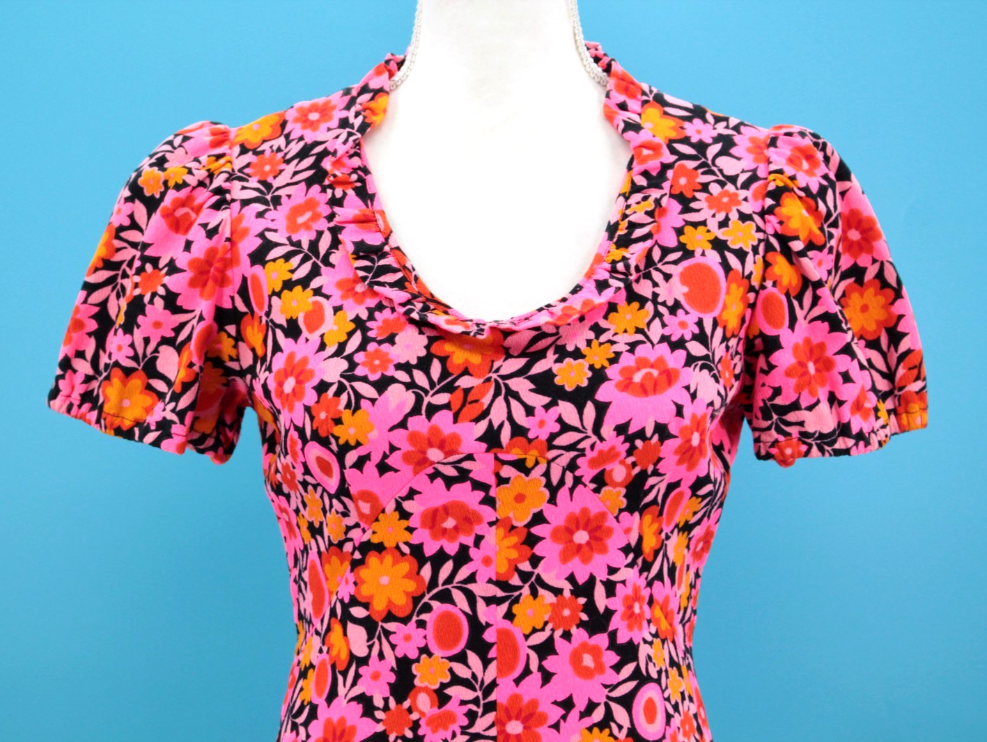 Vtg Women’s 60s Hot Pink & Orange Psychedelic Floral Maxi Dress XS/S 1960s