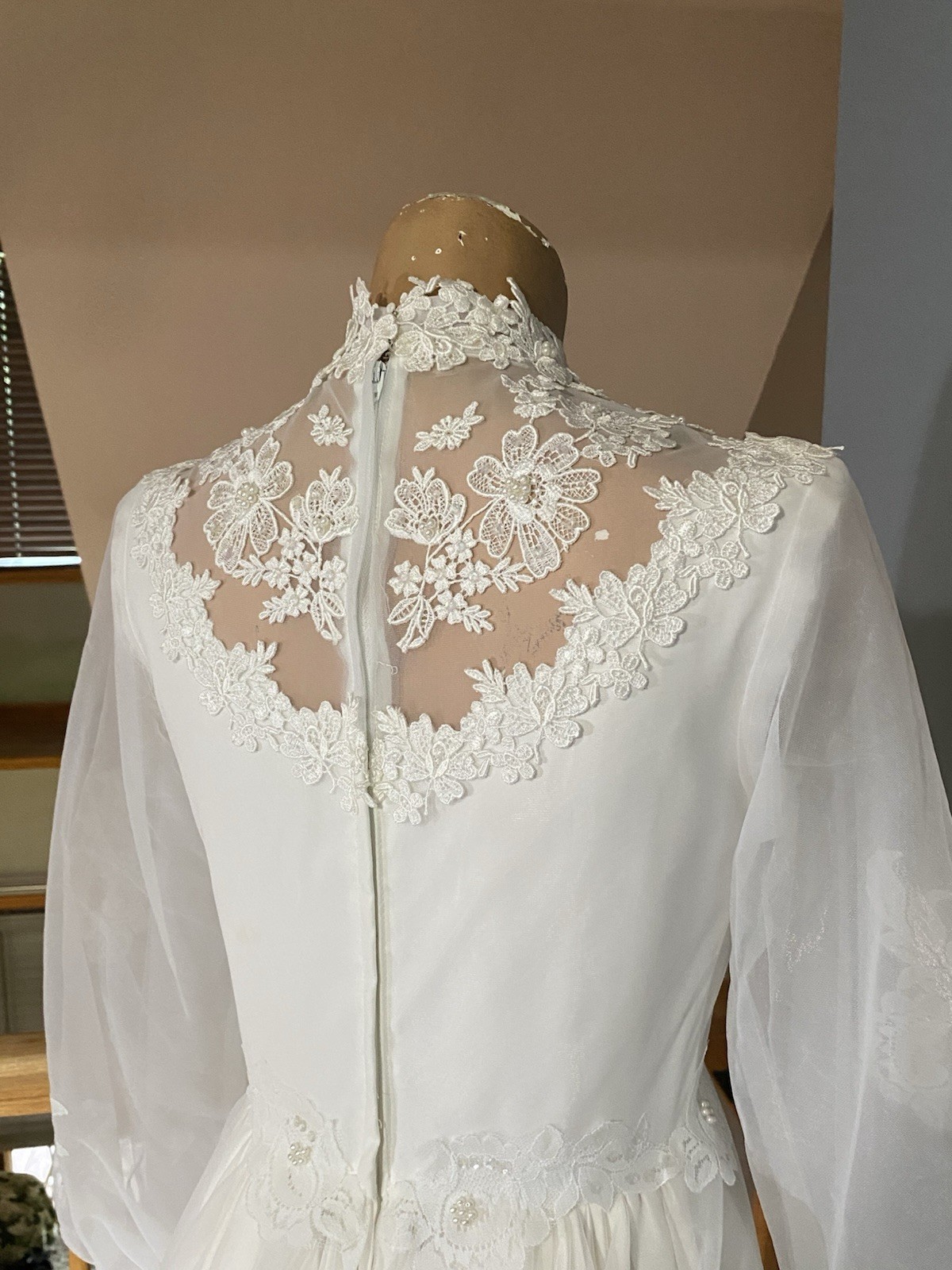 Vintage Lace Pearl Appliqué High Neck Long Sheer Sleeve 1970s Wedding Gown S/M