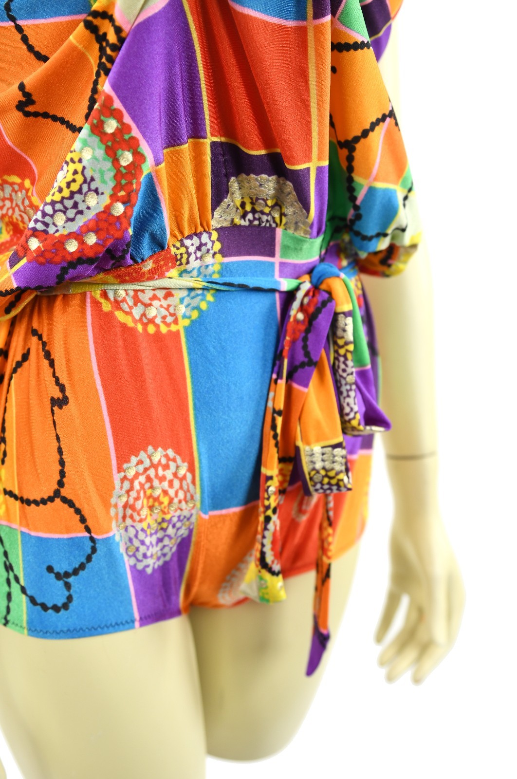 Vintage 70s Gottex Rainbow Abstract Floral Print Blouson Bathing Suit Swimsuit L