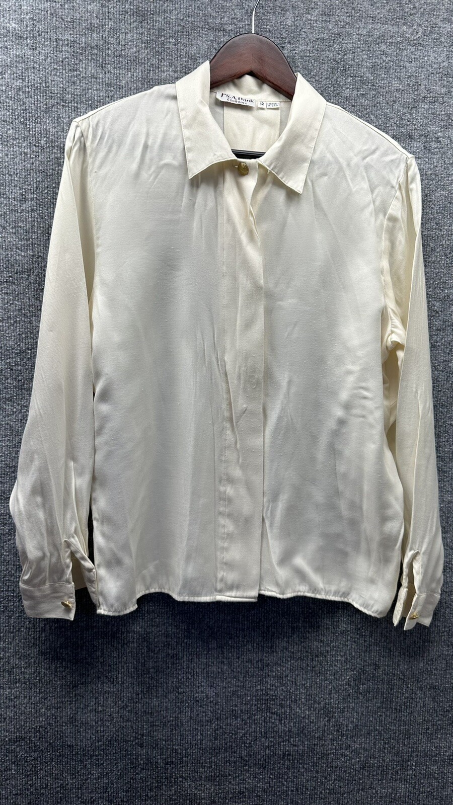 Vintage Jos A Banks Blouse Women Size 12 Cream Tuxedo Ruffle Secretary 80’s Y2K