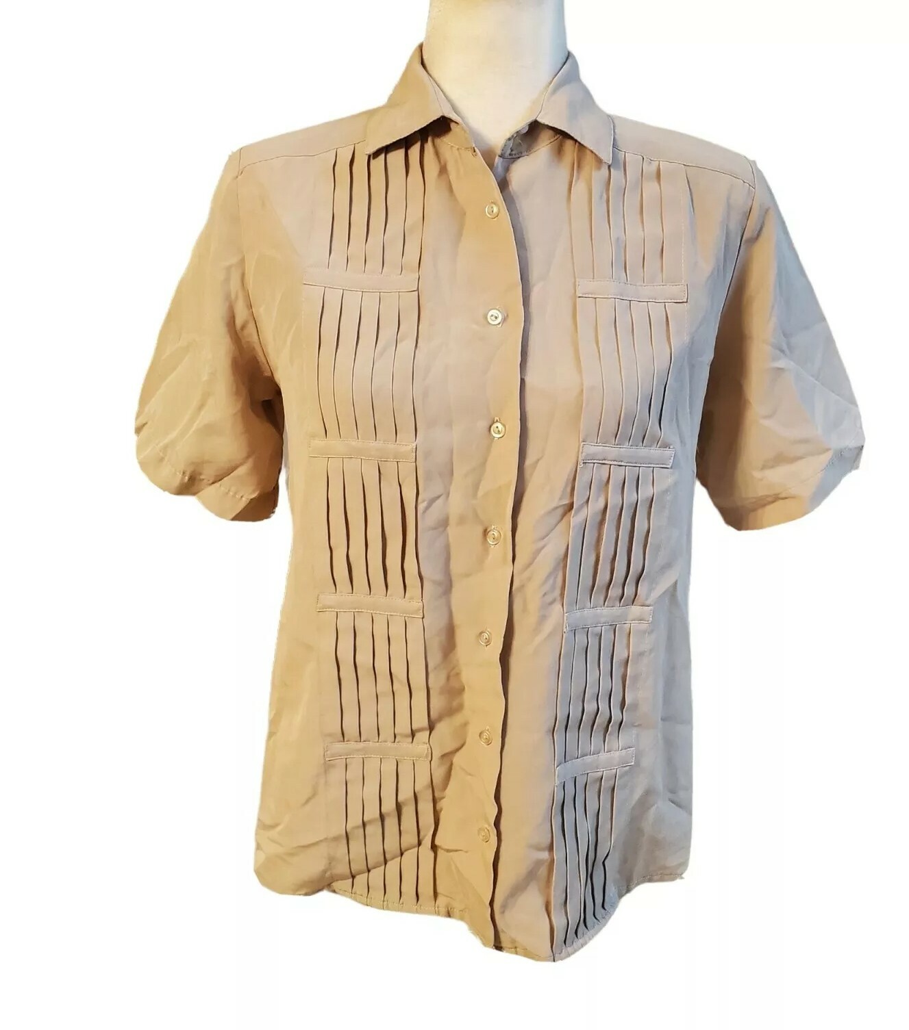 VTG Yves St. Clair Tan Pin-Tuck button front Short Sleeve Blouse Shirt Size 6