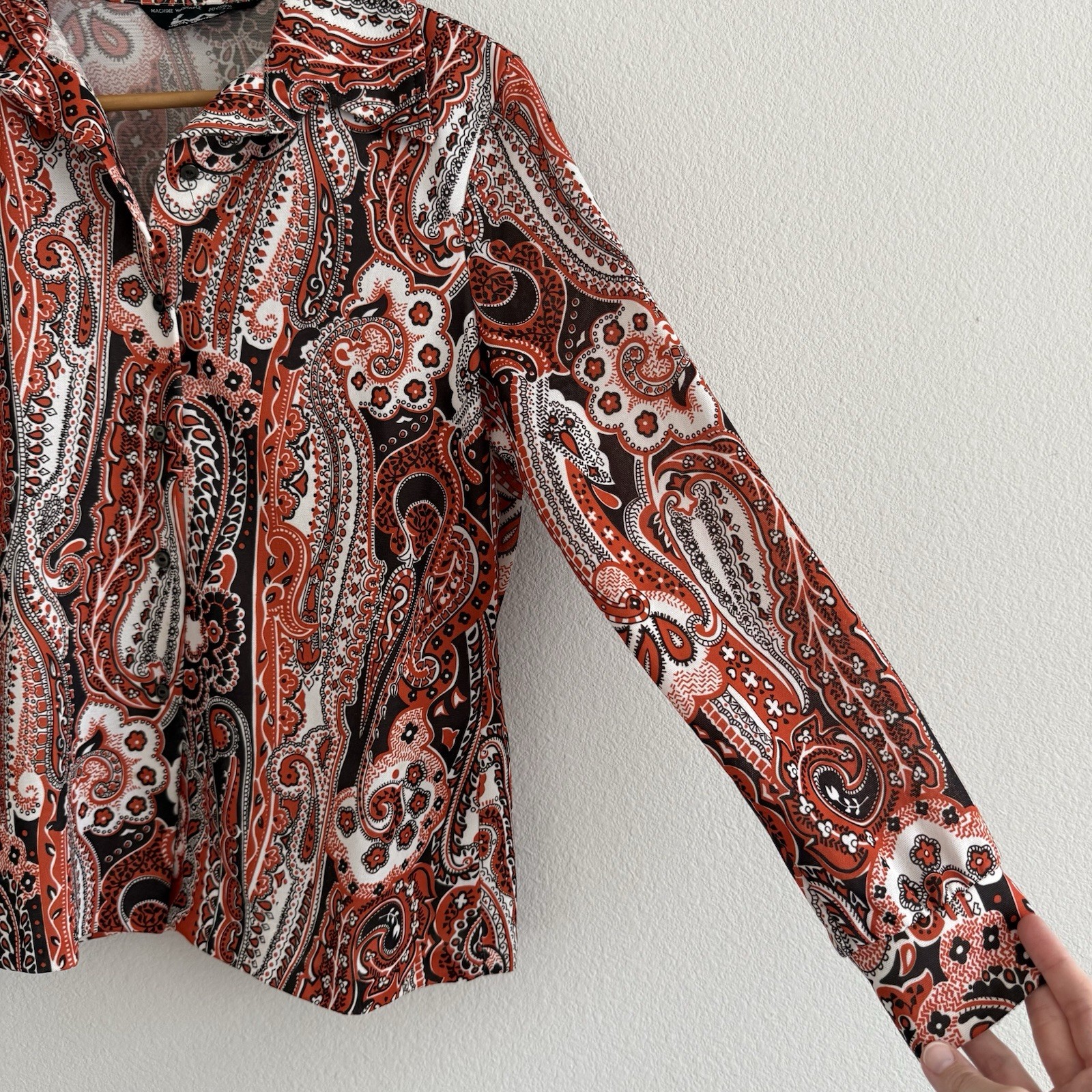 Vintage 70s Paisley Button Up Shirt Womens Large Brown Orange Hipster Disco Boho