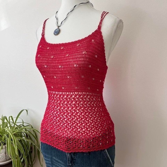 Vintage Festival Crochet Beaded Tank Top Womens Sz S Red fairycore rave