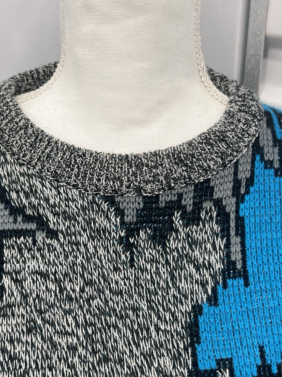 Vintage 80s 90s Cosby Style Frontline Sweater Teal Blue Chunky Knit Retro
