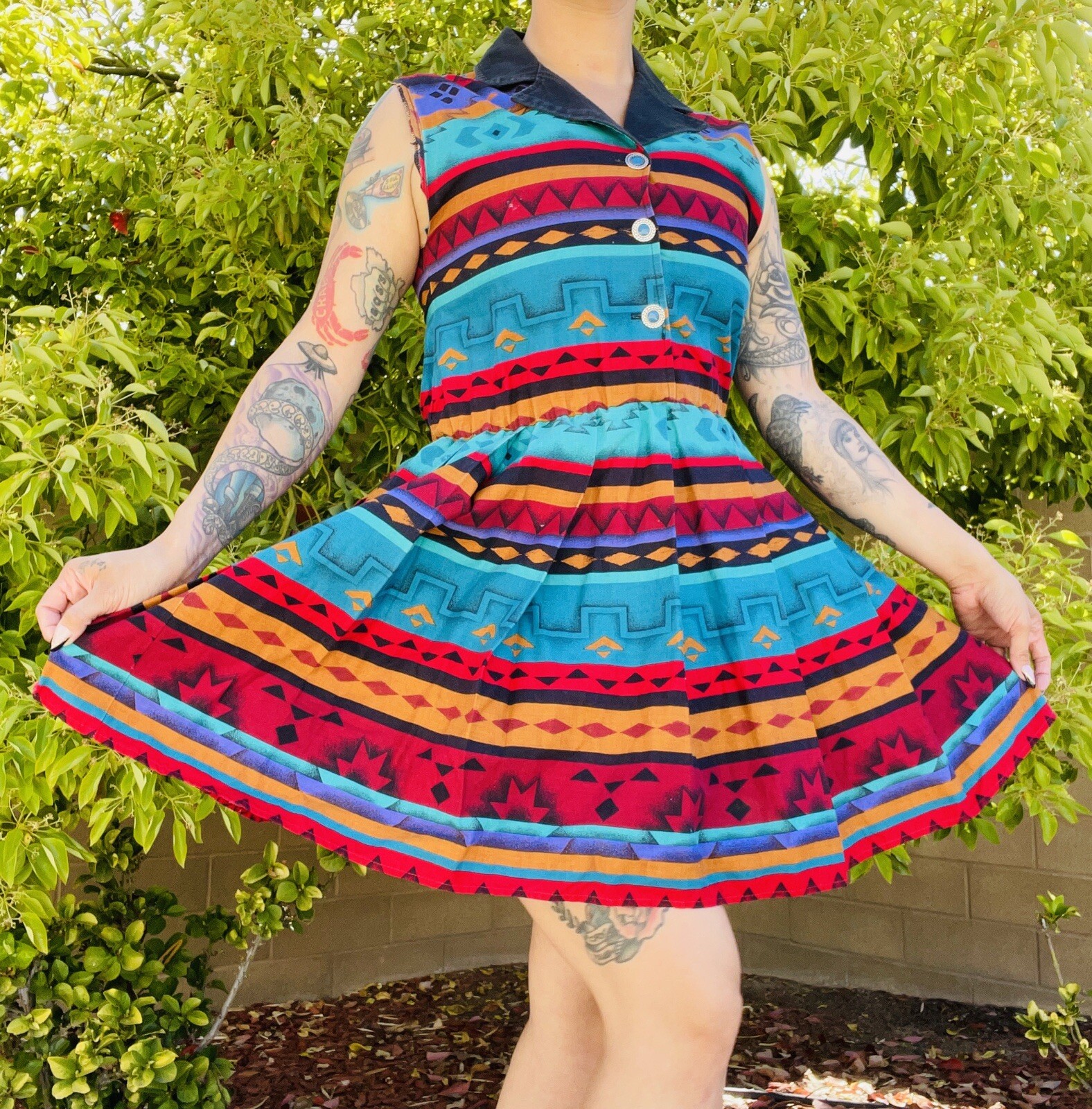 Vintage Sabino 70s 80s Southwestern Turquoise Cowgirl Native Button Dress Sz S
