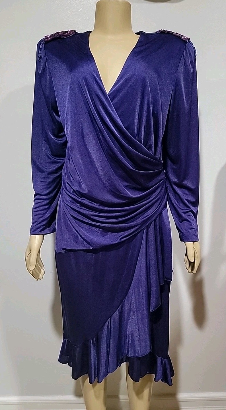 David Rose Vintage 14 Purple Wrap Ruffled Embellished Shoulder Women’s Dress #CC