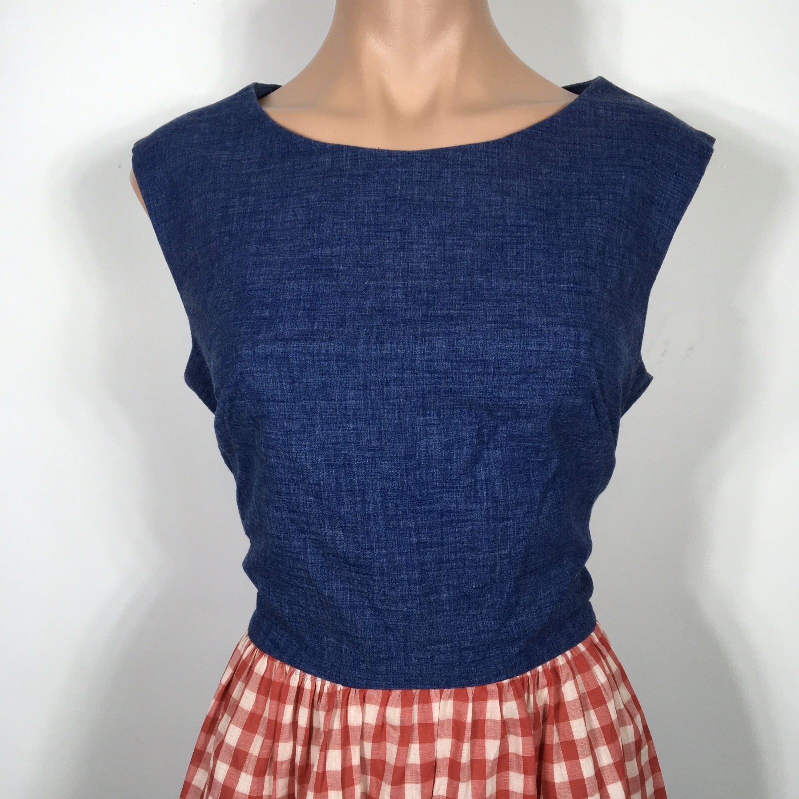VTG Concept 70s Swirl Gingham Denim Red White sz 14 Prairie Neiman Marcus Dress