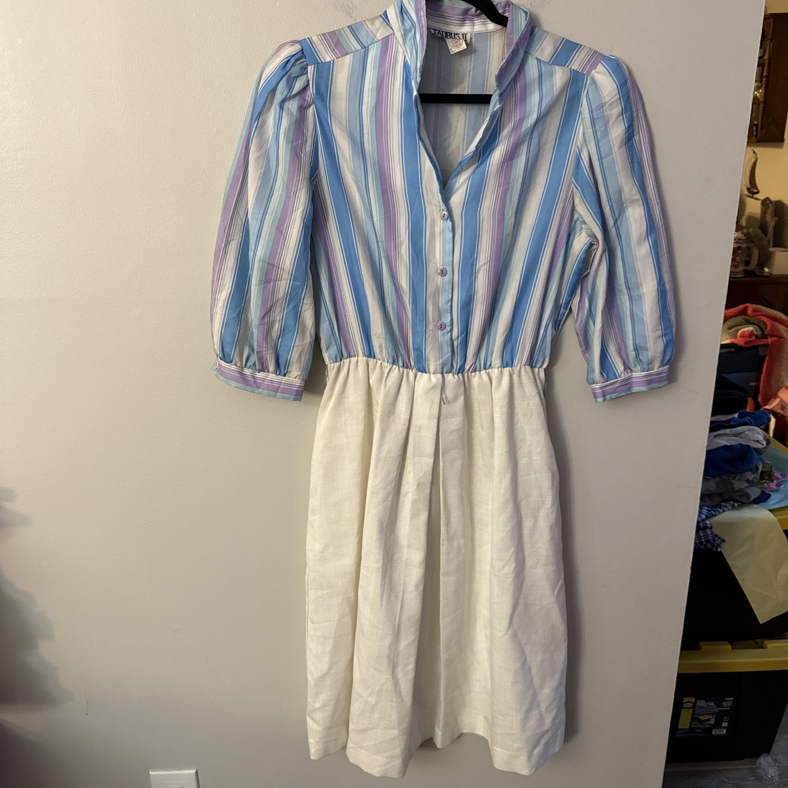 VTG TAURUS II Secretary Shirt Dress Striped Blue Purple Top PTP 19” White Bottom