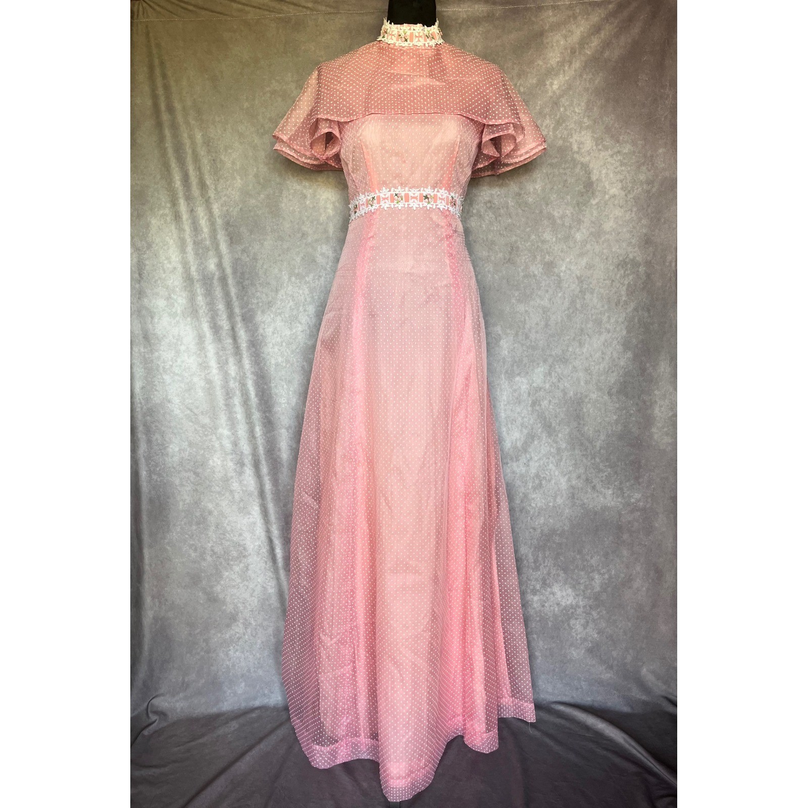 Vtg 50s 60s Pink Maxi Dress S Dotted Swiss Overlay Floral Lace Caped Gown MCM