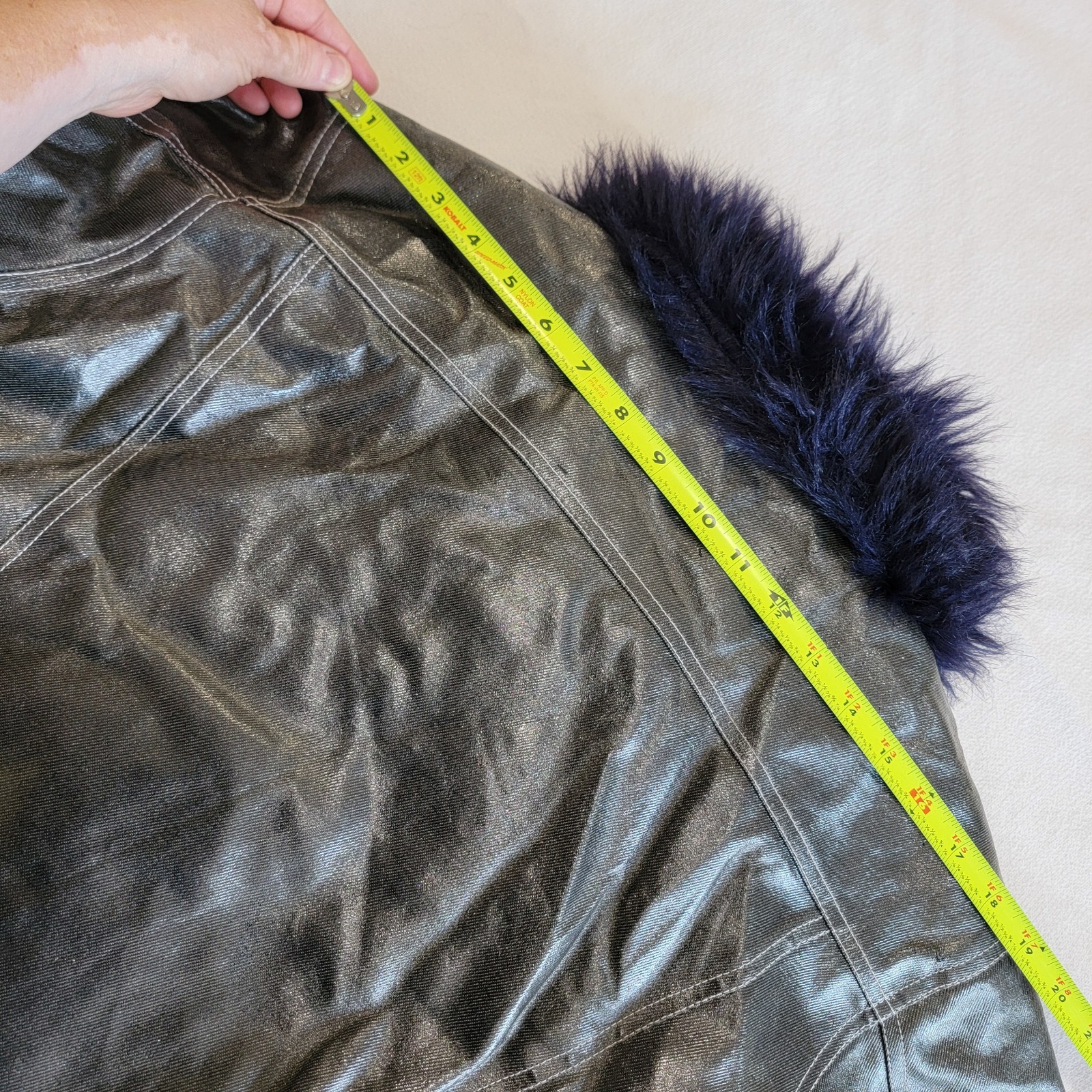 Vintage Karl Kani 90s Glossy Denim Black Jacket Blue Faux Fur Lining Women’s M